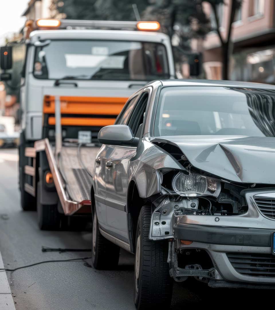 Unfallwagenankauf Pfaffenhofen: Beschädigtes Auto wird nach dem Unfall per Abschleppwagen abgeholt.
